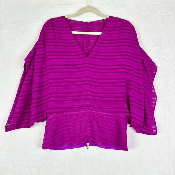 Anna Cate Batwing Top Size Small Fuschia Pink V-Neck Tonal Stripe Lined - Picture 1 of 7
